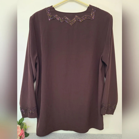 Jacques Vert‎ Brown Bead Embellished Zig Zag Blouse, Size 10 US - Picture 2 of 7